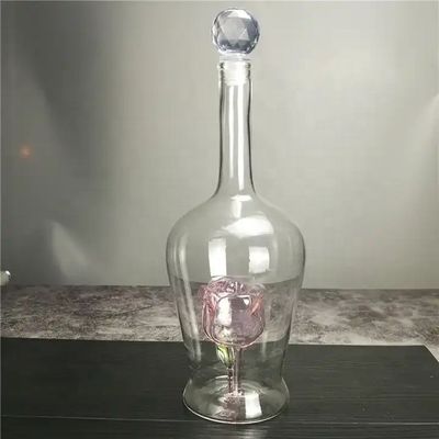 750 ml χειροποίητα φουσκωμένα γυάλινα μπουκάλια κρασιού με μοναδικό διακοσμημένο σχήμα λουλουδιού τριαντάφυλλου