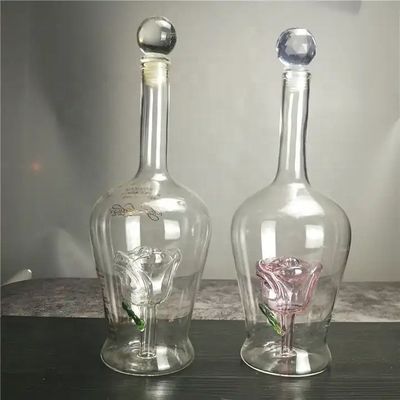 750 ml χειροποίητα φουσκωμένα γυάλινα μπουκάλια κρασιού με μοναδικό διακοσμημένο σχήμα λουλουδιού τριαντάφυλλου
